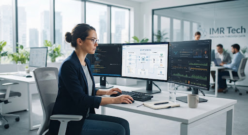 AI implementation dashboard in a modern office